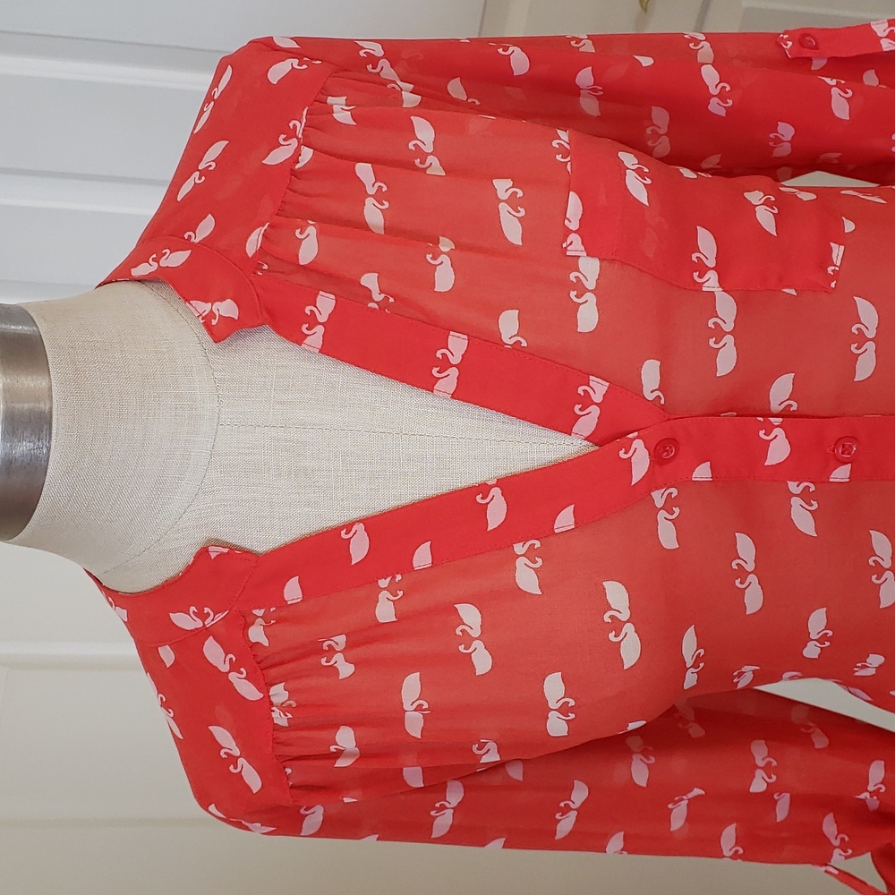 Anthropologie Pleione Swan Print Mandarin Collar Blouse Tunic Red Orange S - Picture 7 of 15